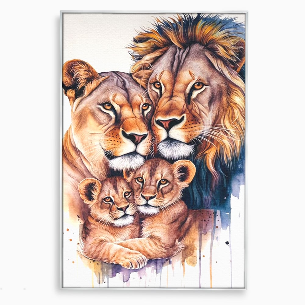 Tablou canvas cu tablou canvas cu familie de lei, in rama de aluminiu argintiu